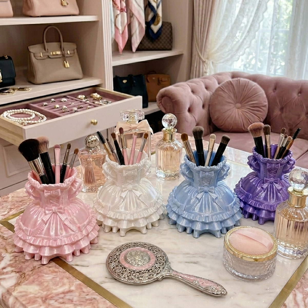 Case With Pencil Holder - Prinsessenjurk make-up kwastenhouder & penhouder, 3D-geprinte